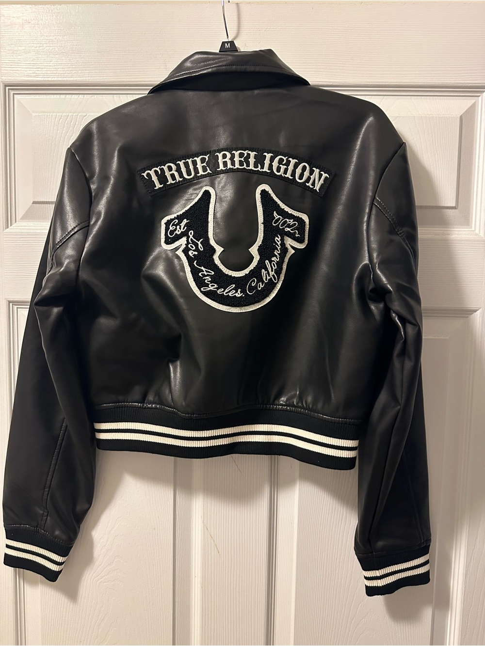 NWT Women’s True Religion Faux Leather Jet Black Moto PU Bomber Jacket